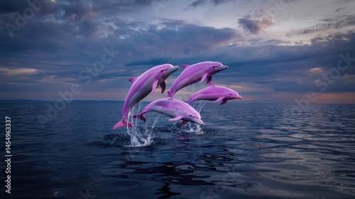 Four vibrant pink dolphins leap mid-air over choppy sea at dusk