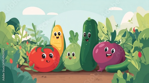Animated Vegetable Garden Friends: A Colorful Cartoon Illustration of Smiling Produce