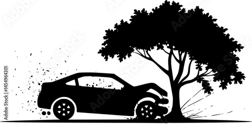 Car Accident Vector – Silhouette of Car Crashing into Tree – Minimalist Crash Scene with transparent Background , car hitting tree