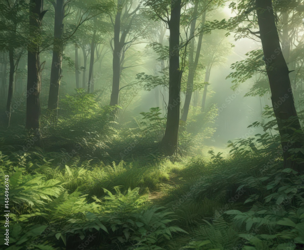 Obraz premium Soft, blurred green leaves create an ethereal, hazy forest backdrop , shadow, dreamy, jungle