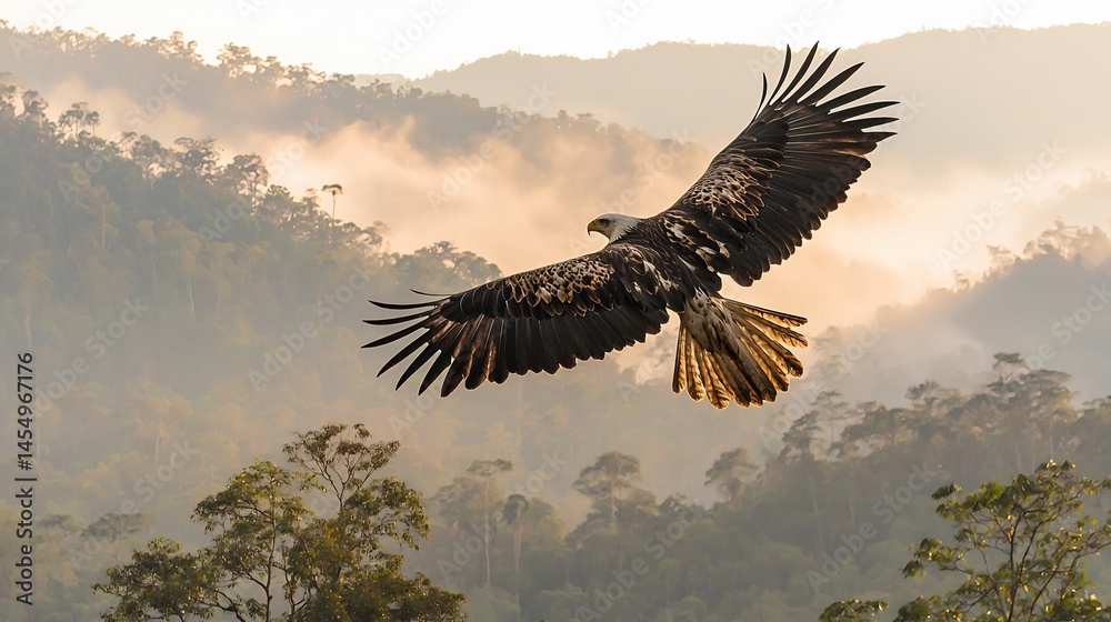 custom made wallpaper toronto digitalEagle Soaring Above Misty Jungle Mountains With Wide Wingspan Casting Shadow Trees Below In Soft Ambient Morning Haze