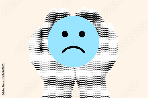 Abstract Illustration Representing Mental Health Struggles and Emotional Sadness Featuring a Blue Sad Face Held by Protective Hands