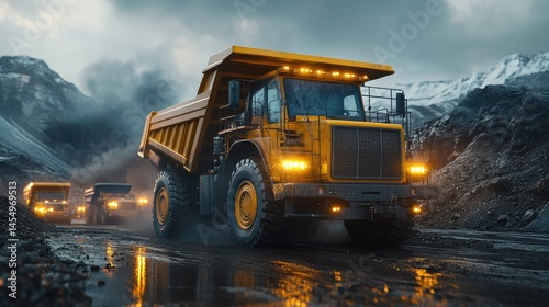 Heavy-duty dump truck navigating a muddy mining site under a dramatic sky