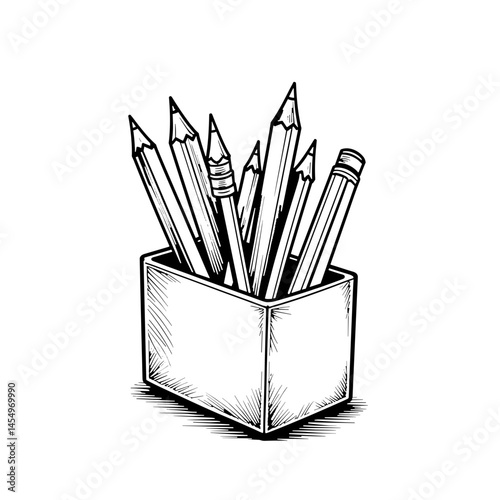 Detailed line art of pencil box with sharpened supplies, clarity