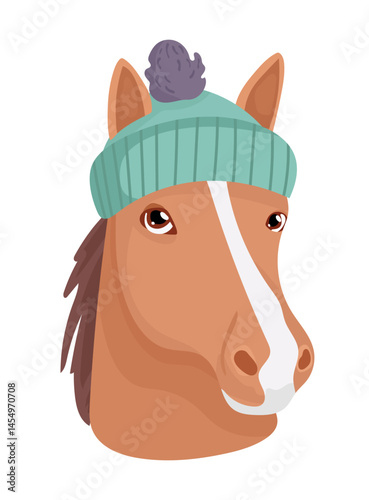 Horse in a knitted hat with a pom-pom, Year of the Horse. Flat vector, clipart illustration isolated on white background.