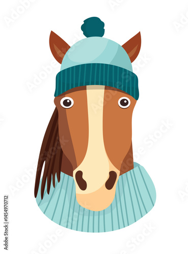 Horse in a knitted hat with a pom-pom, Year of the Horse. Flat vector, clipart illustration isolated on white background.