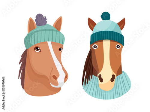 Horse in a knitted hat with a pom-pom, Year of the Horse. Flat vector, clipart illustration isolated on white background.