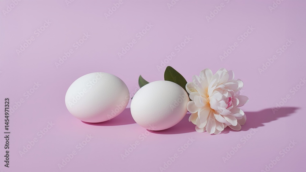 Minimal Easter composition with eggs and white peony on pink background. Minimal Easter composition with eggs and white peony on pink background.