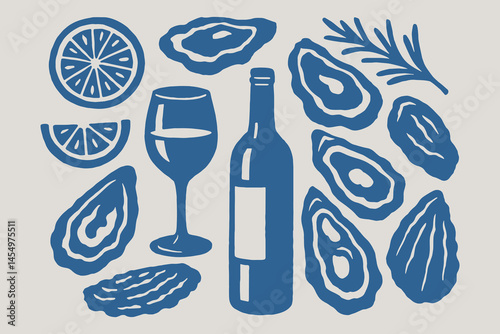 Blue wine and oysters naive cutout style