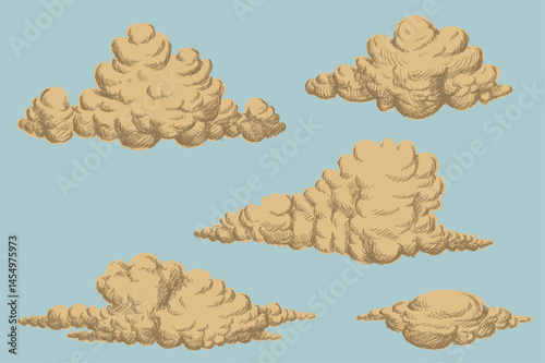 Hand-Drawn Vintage Engraved Clouds Set - Detailed Ink Illustration of Sky and Heaven
