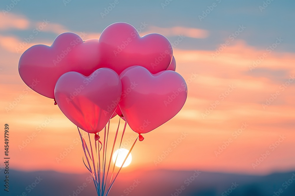 Fototapeta premium A bunch of pink heart balloons tied together, set against a dreamy sunset