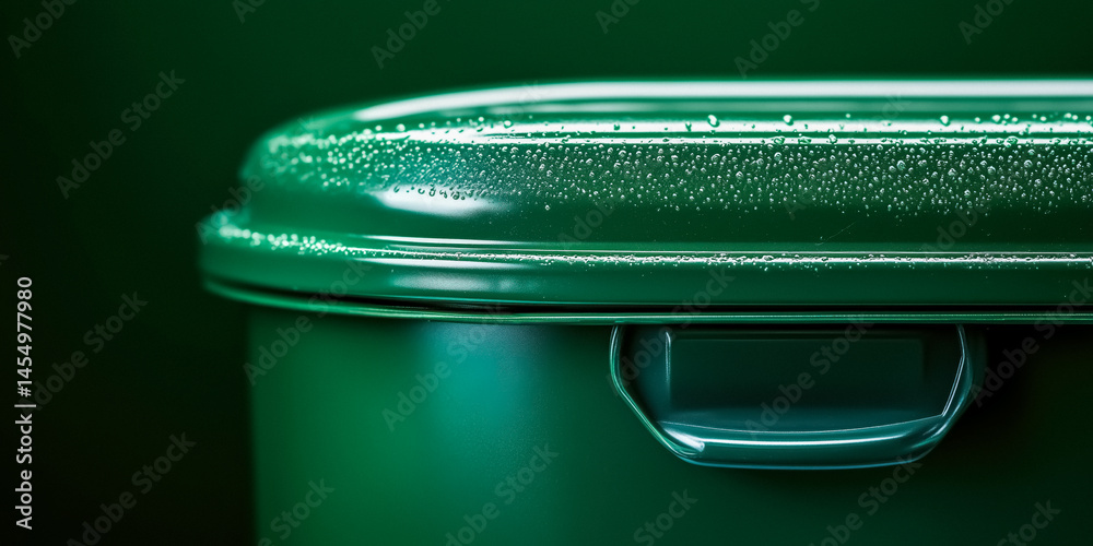 Close-up of a wet green recycling bin with handle and condensation