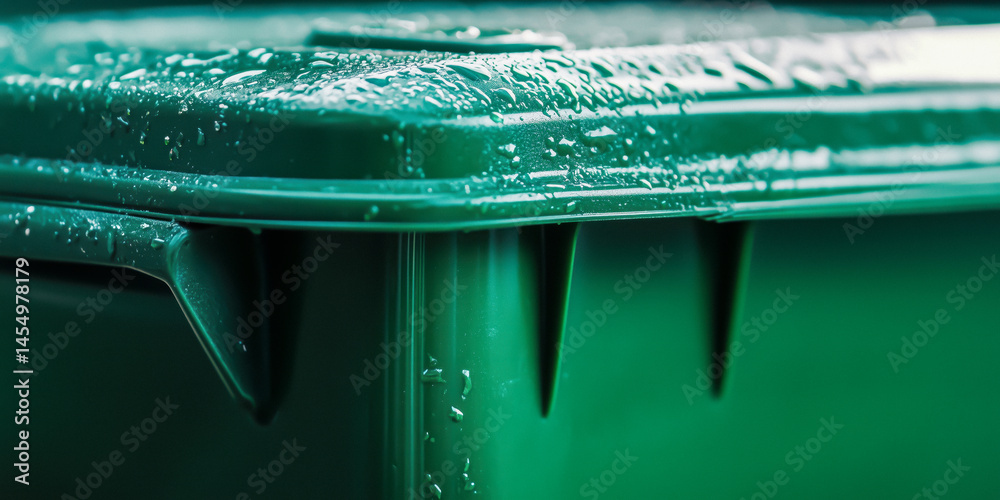 Close-up of a wet green recycling bin lid with condensation