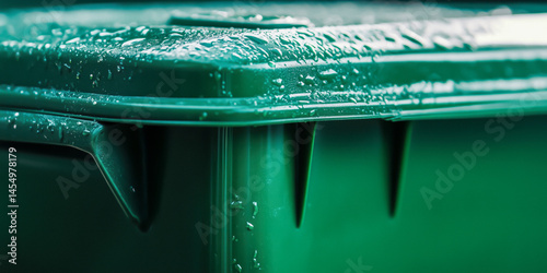 Obraz na płótnie Close-up of a wet green recycling bin lid with condensation w salonie