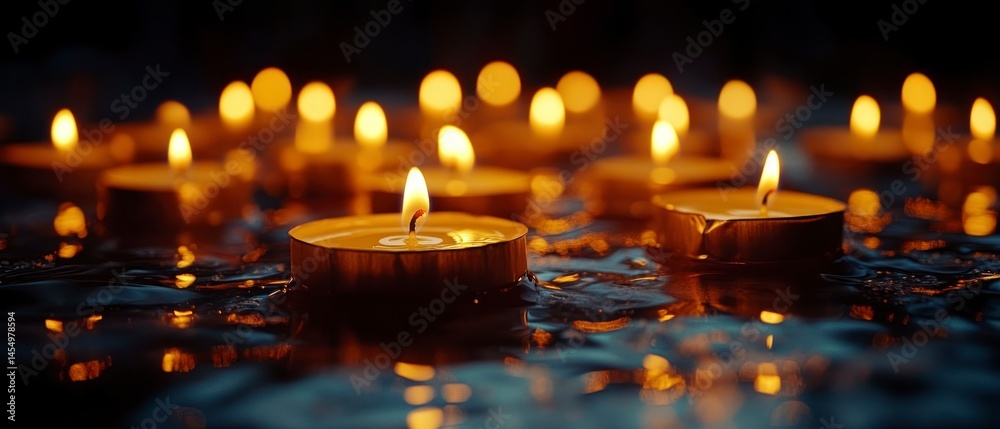 Several tea lights float on water surface, their reflections creating shimmering, spiritual ambiance. Several tea lights float on water surface, their reflections creating shimmering, spiritual ambiance.