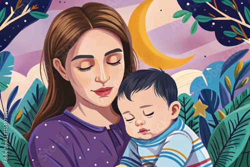 Young mother gently holding her sleepy baby boy in cozy living room, capturing tenderness vector, comfort, and maternal love. Perfect for motherhood, family bonding, and infant care lifestyle themes