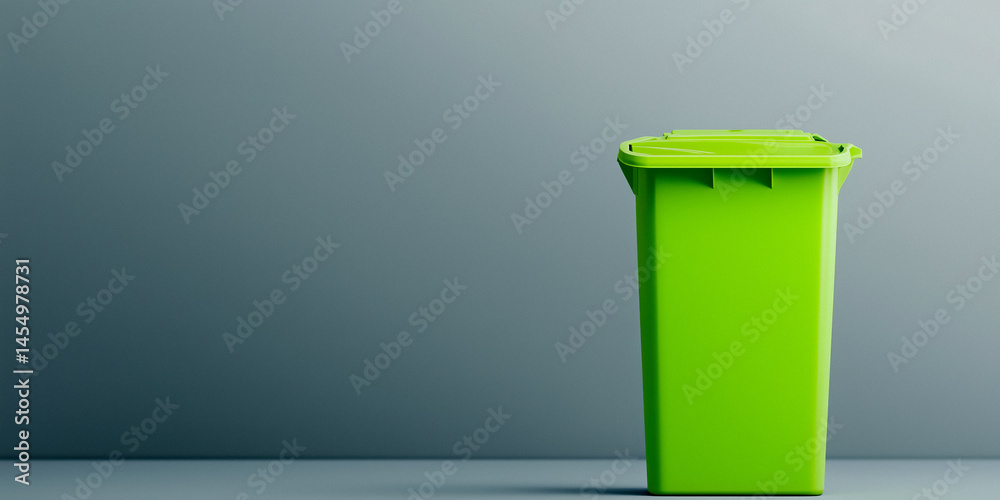 Tall green plastic waste bin against a gray background