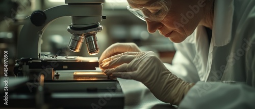 Researcher examines specimen under microscope, revealing focused attention and analytical rigor in scientific pursuit.