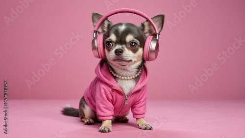 Stylish chihuahua in hoodie, pearls, and headphones on vivid pink background