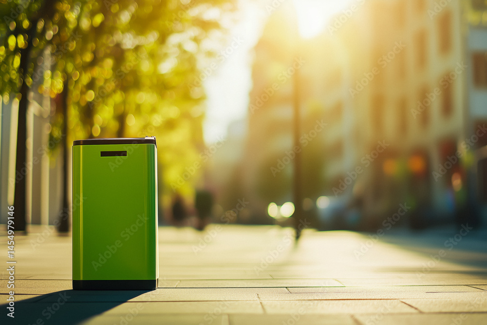 Bright green public waste bin on a sunny city sidewalk