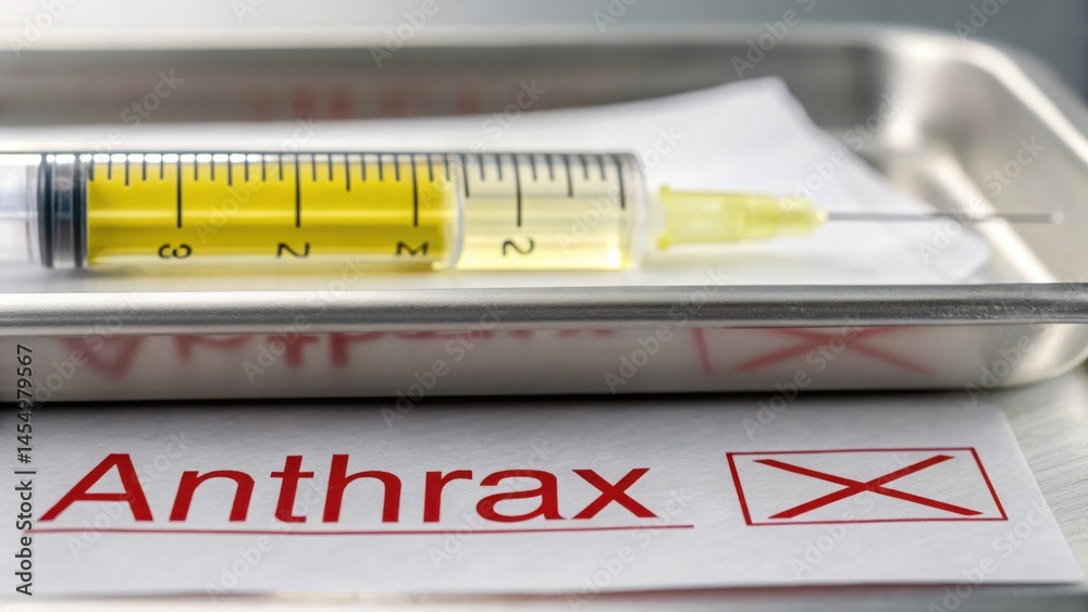 Syringe with anthrax vaccine on a tray in medical setting. Syringe with anthrax vaccine on a tray in medical setting.