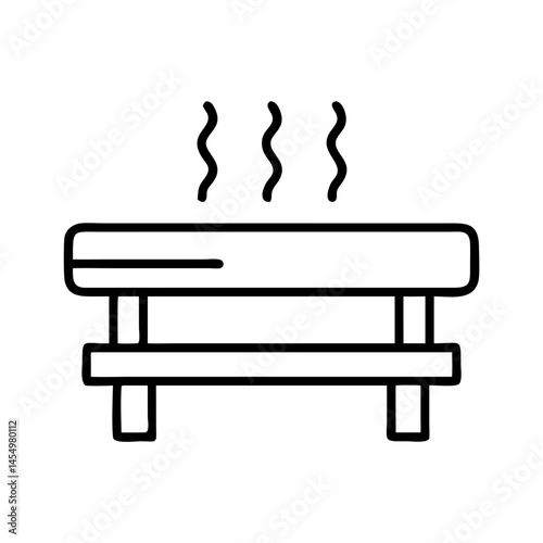 black line icon of sauna bench with rising steam, minimalist outline symbol for steam room, thermal relaxation or spa wellness interior design