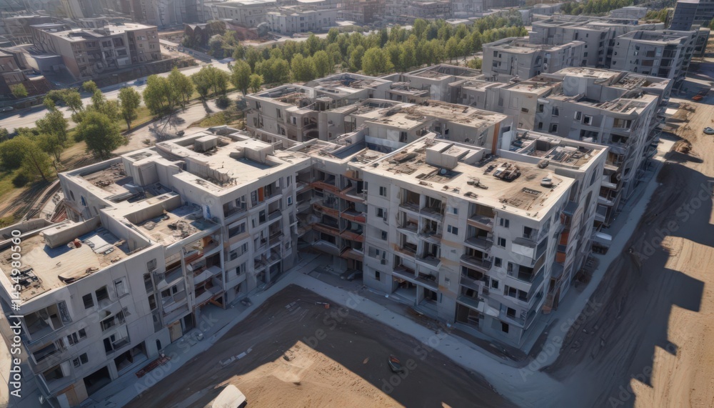 Fototapeta premium Aerial view of modern apartment complex construction , urban, excavator