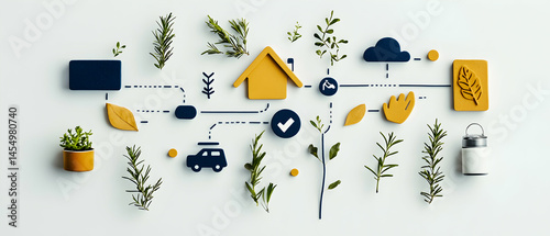 An eco-friendly concept with a house car plants and symbols for sustainability. Great for environmental presentations and awareness campaigns promoting green living.