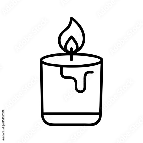 black line icon of burning candle in glass jar with melted wax, minimalist spa and relaxation symbol for aromatherapy or wellness design