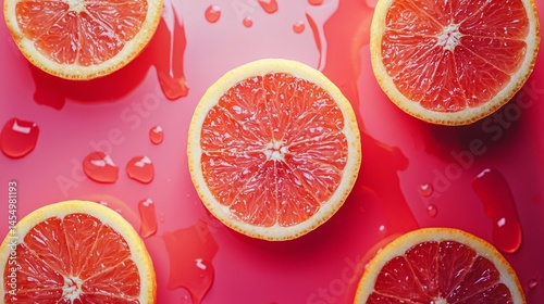 Juicy grapefruit slices floating in glossy red fruit juice surface