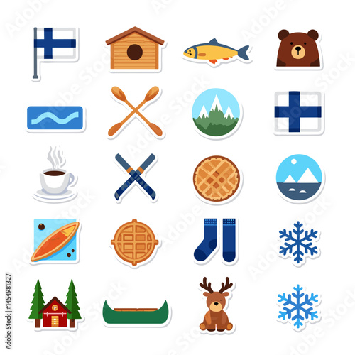 Vector set of Finnish culture icons with flag, sauna, waffles, wildlife, and winter themes