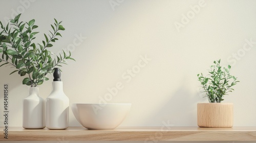 Wallpaper Mural Minimalist white decor with green plant and neutral ceramic tableware Torontodigital.ca