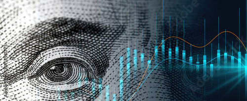 Charts and eye of Benjamin Franklin of US Dollar Bill. Concept of economy finance economic crisis stock market inflation wealth.