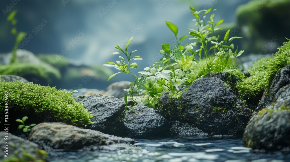 Zen garden moss and plants on rocks in misty peaceful background Zen garden moss and plants on rocks in misty peaceful background