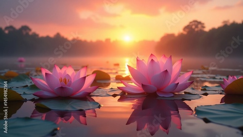 Serene Sunrise Pink Lotus Flowers on Calm Water