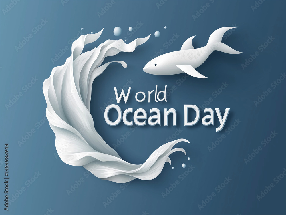 White shark swimming in paper art ocean for world ocean day