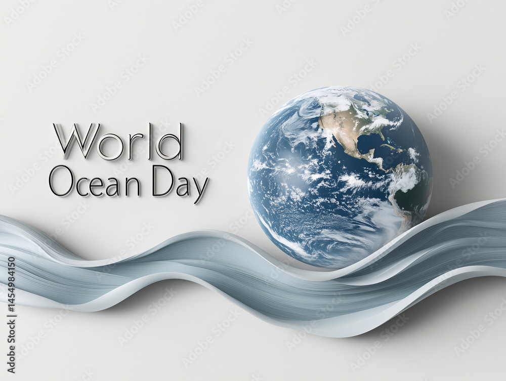 Planet earth floating on a stylized ocean wave for world ocean day