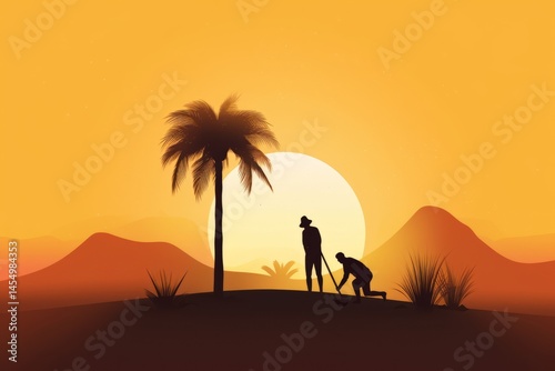 Two men excavating near a palm tree during golden sunset. Concept of historical artifact search, archaeology, treasure hunt or survival in harsh environment. Slave Liberation Day.