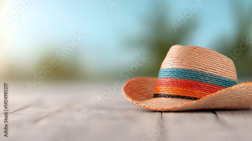 Colorful Straw Hat on Wooden Table Outdoors