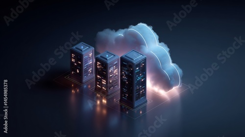 Isometric rendering showcasing cloud computing and data servers interconnected globally