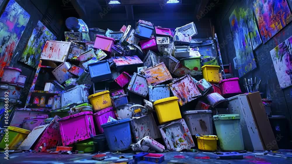 chaotic art studio filled with colorful paint containers
