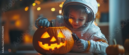 Girl dressed as astronaut carves Halloween pumpkin, creating spooky decoration. photo
