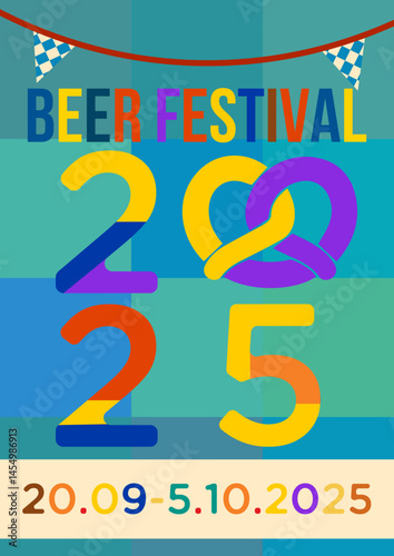 Stylized poster for Oktoberfest 2025 showing Bavarian hills, colorful "2025" digits with a pretzel replacing the zero, and a sky-blue patchwork background.