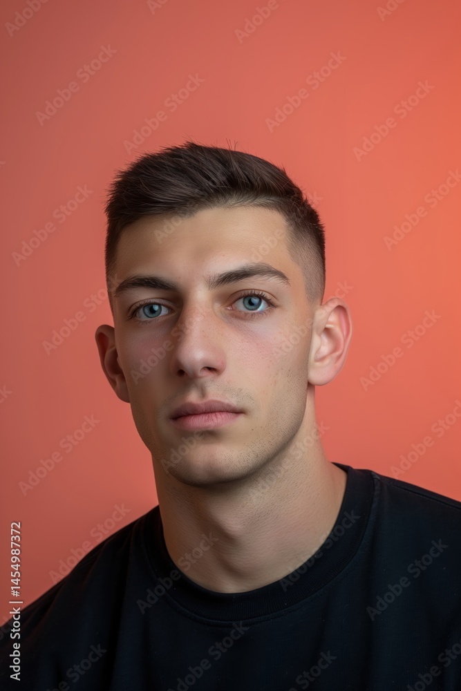 Fototapeta premium Young man in casual wear posing against orange background.
