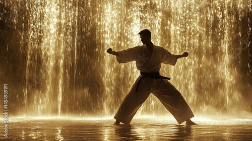 Martial arts expert in dynamic pose, water fountain backdrop