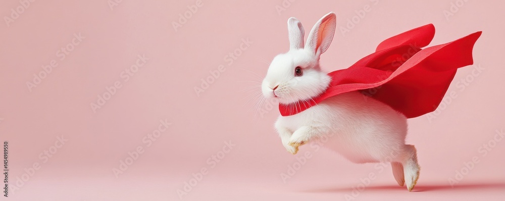 A cute bunny rabbit in a red cape jumps in the air against a pink background.