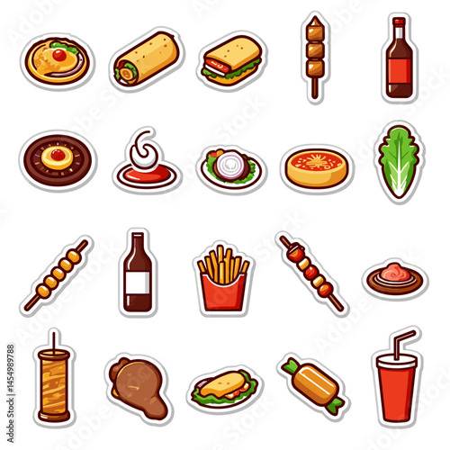 Vector set of colorful kebab and street food icons including wraps, skewers, and sauces