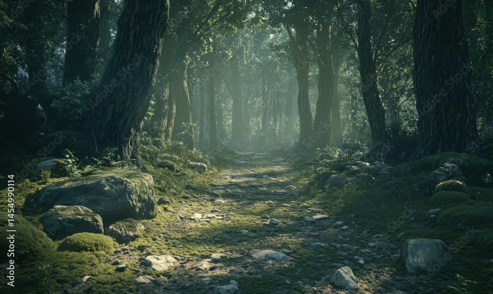 Forest path covered in soft moss and surrounded by towering ancient trees, mysterious light filtering through the dense canopy,