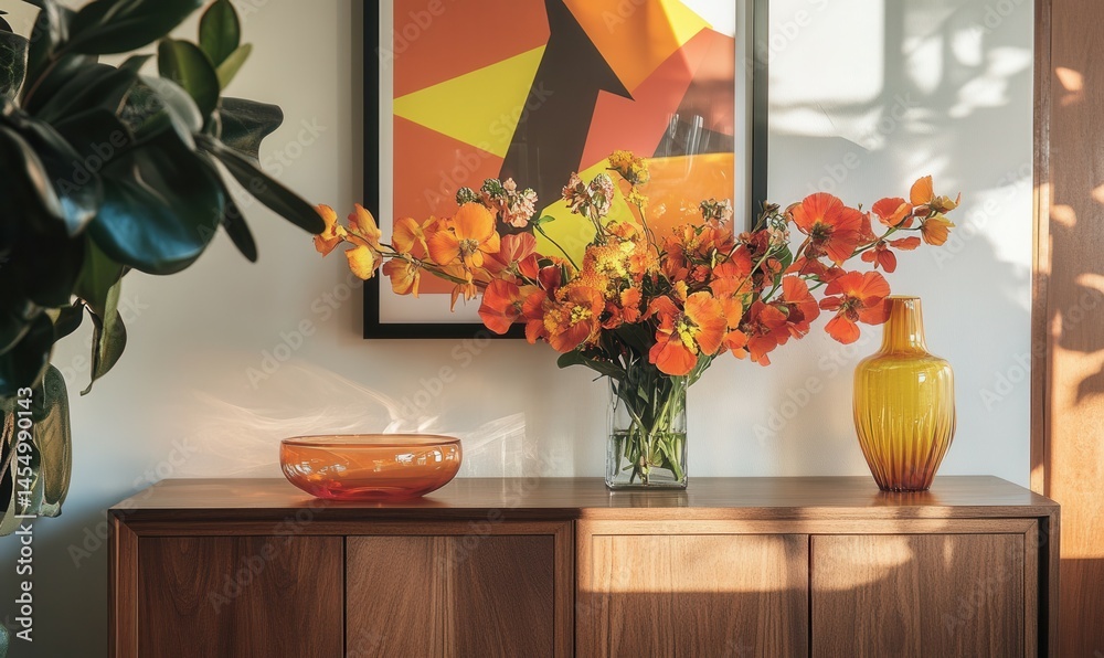 Fresh blooms in bright orange and yellow sit atop a wooden sideboard, framed by geometric decor and a retro glass dish, creating a cheerful modern space