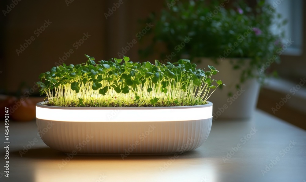 Fresh microgreens growing in planter, illuminated by a grow light